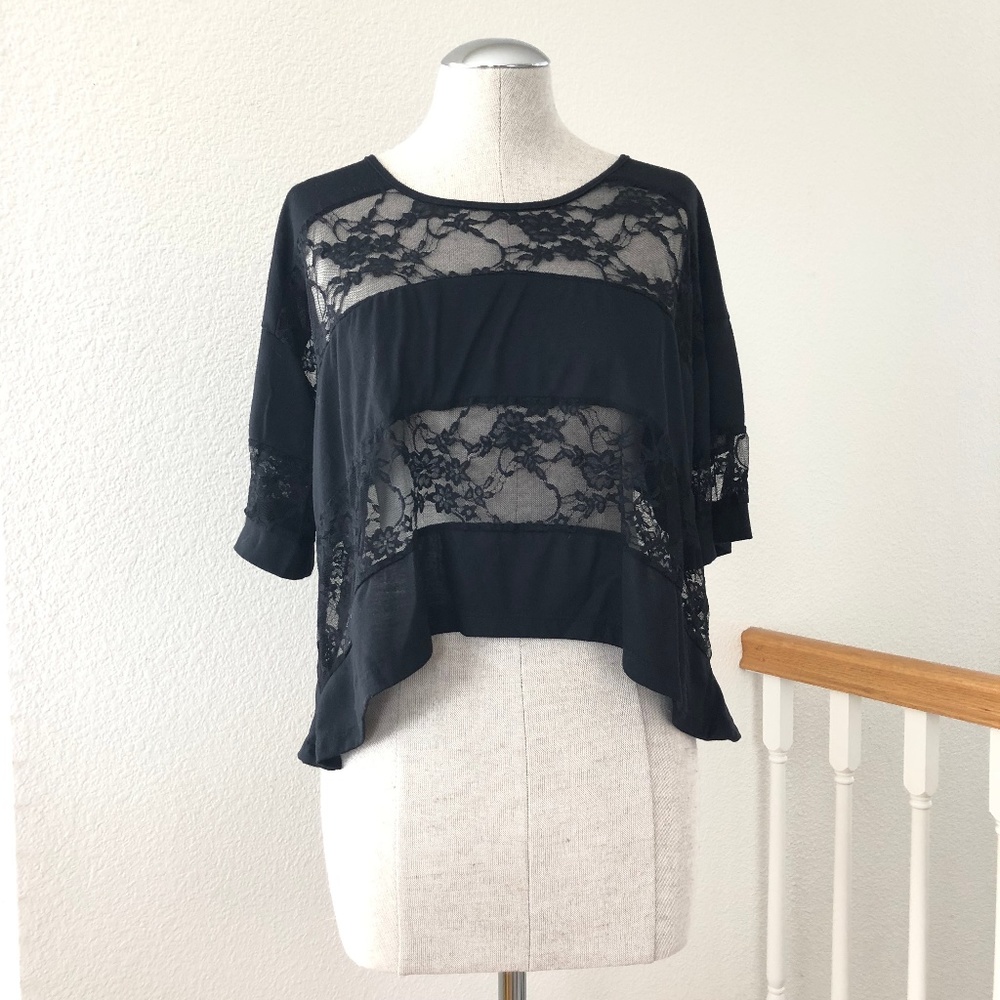 Love Notes- Striped Lace Crop Top Black